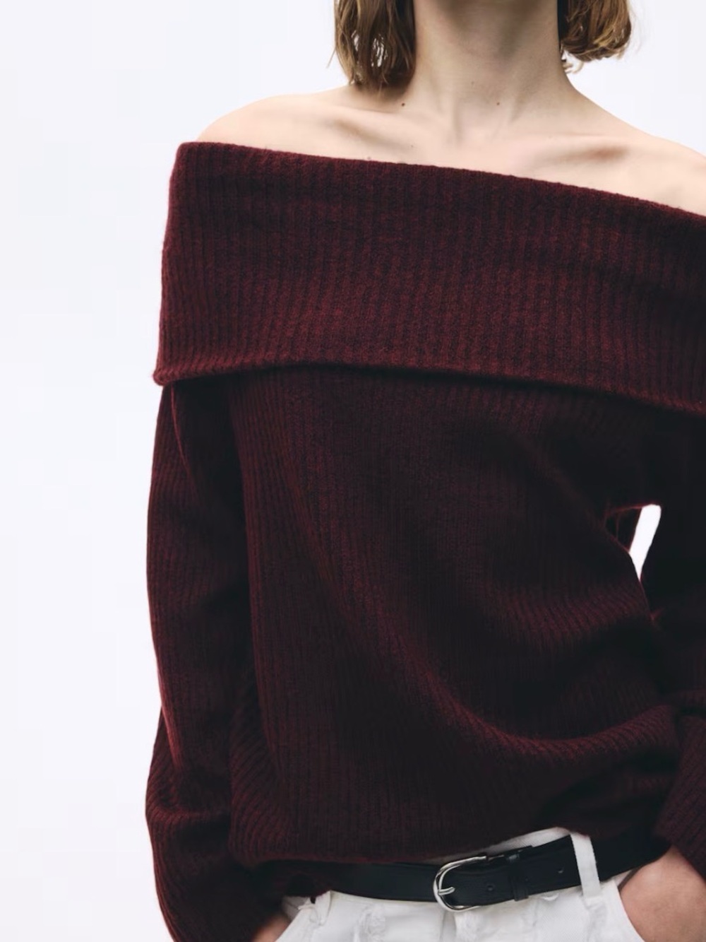 H&M Off-the-Shoulder Wine Red Knit Sweater